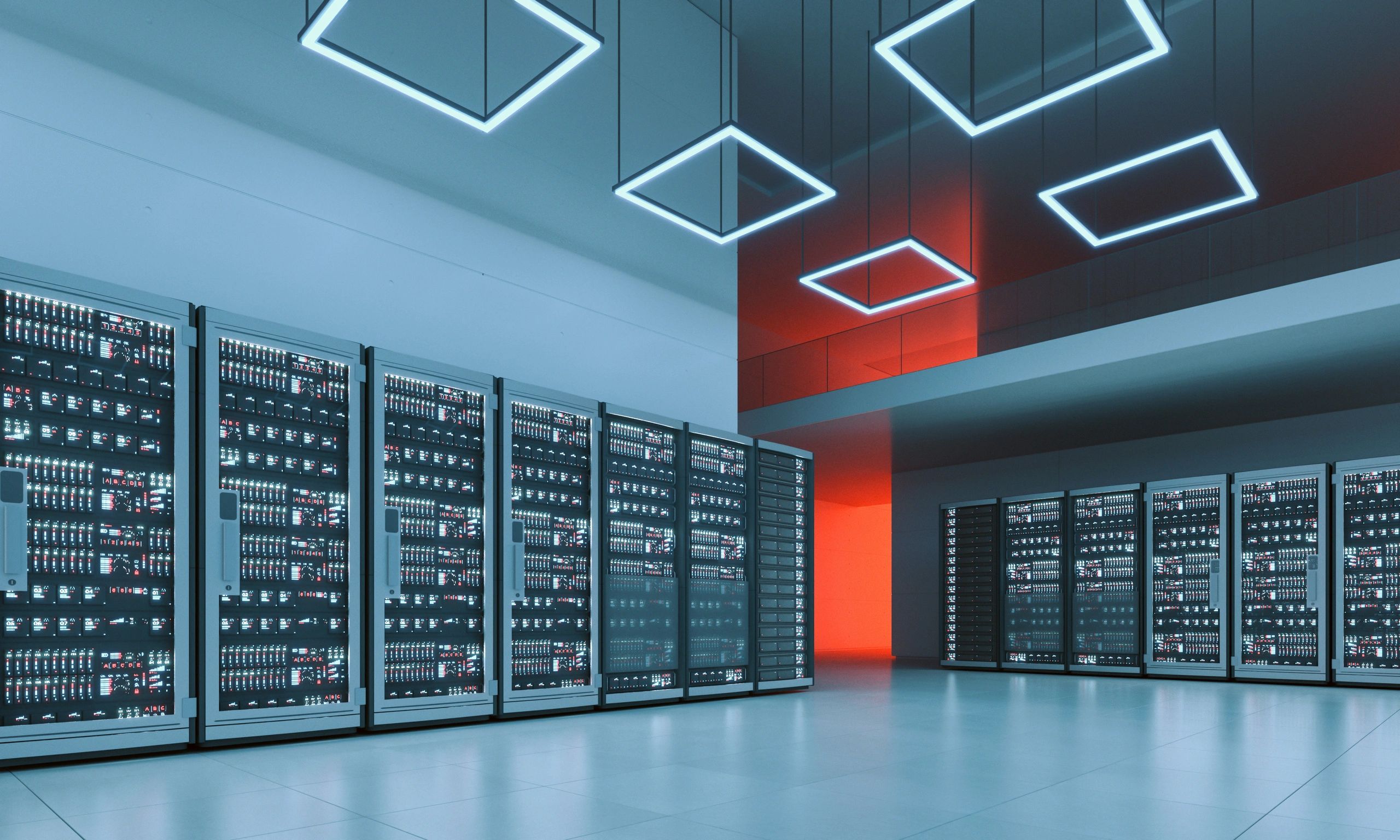 Secure server room representing cybersecurity infrastructure