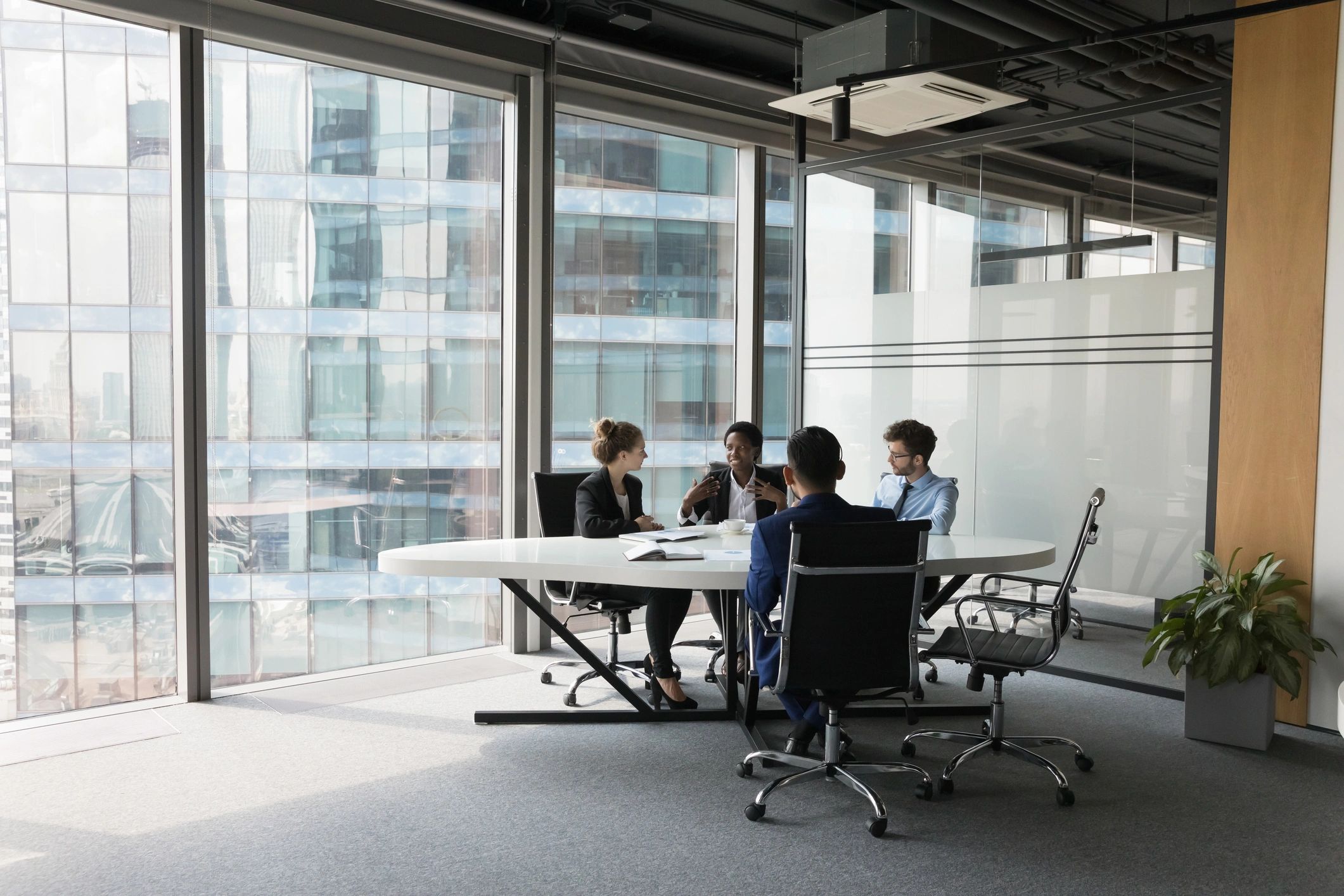 Business technology team collaborating in a modern office