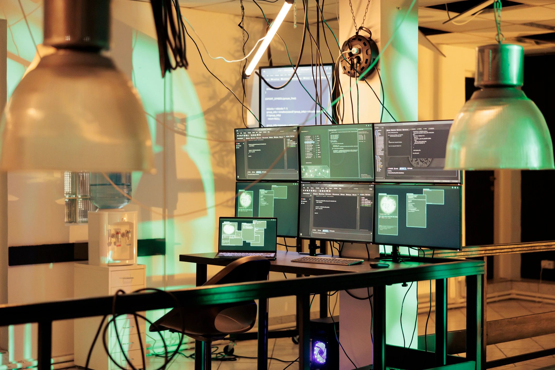 Cybersecurity monitoring screens and digital security visuals